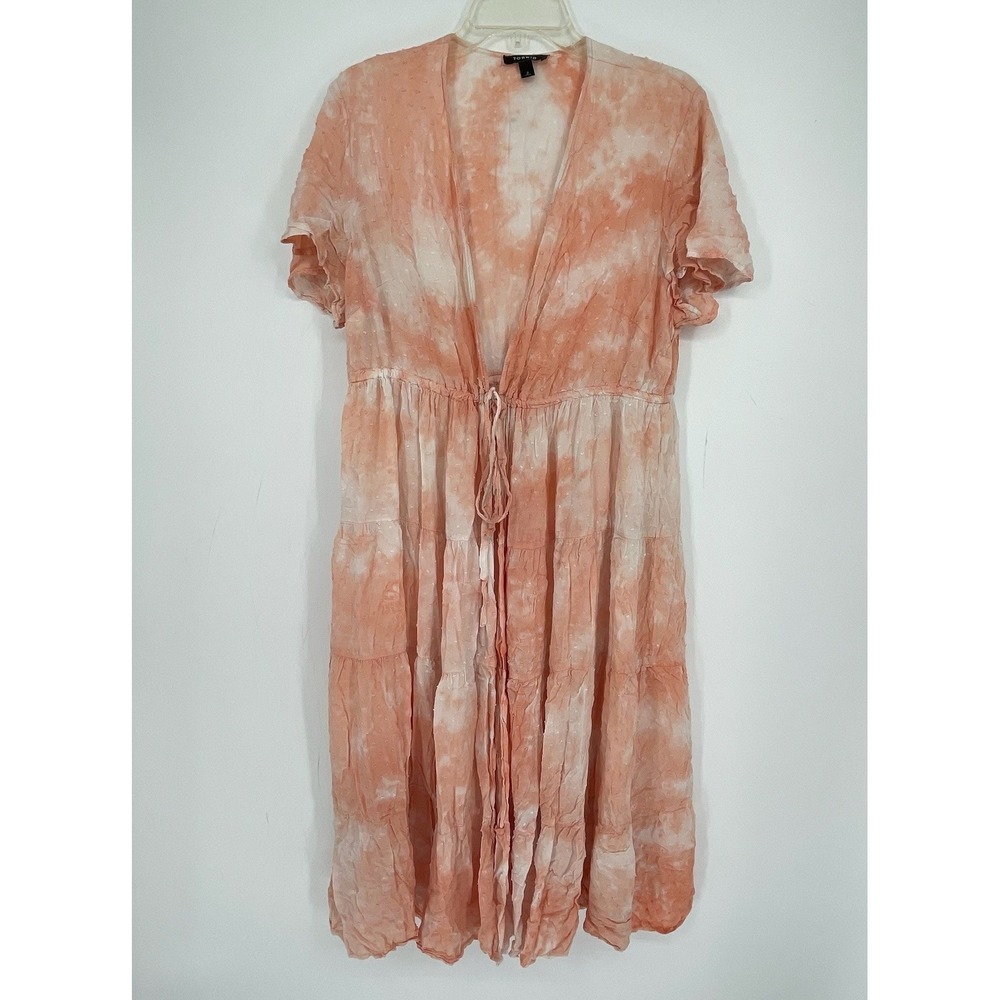 Torrid Women's Peach Tie Dye Swiss Dot Tiered Midi Beach Dress Plus Size 2 2X